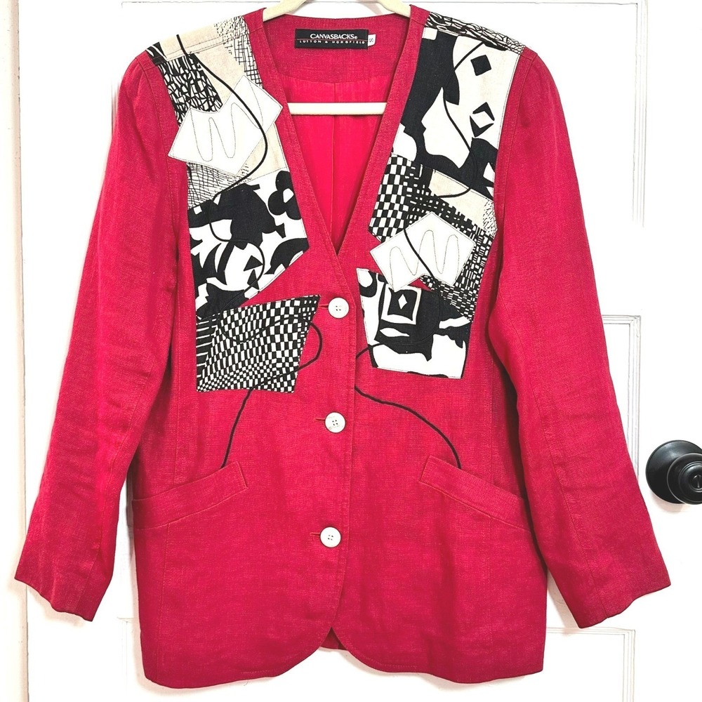 Vintage Red Linen Abstract Patchwork Blazer Womens Small Statement Jacket